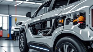 Veículos híbridos numa oficina automóvel durante inspeção técnica, destacando a importância da manutenção regular.
