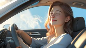 Ar condicionado automóvel a funcionar no verão com condutor relaxado ao volante