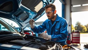 Mecânico verificando o sistema A/C de um carro, essencial para a climatização no verão