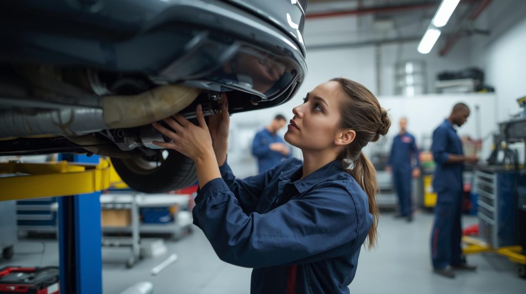 Técnico a analisar um filtros de partículas em motores a gasolina na oficina Hybrid Car Center.