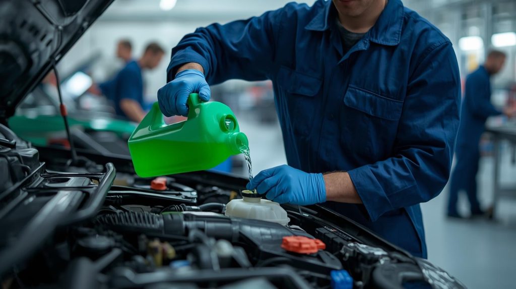 Misturar água com líquido de refrigeração para manutenção automóvel.