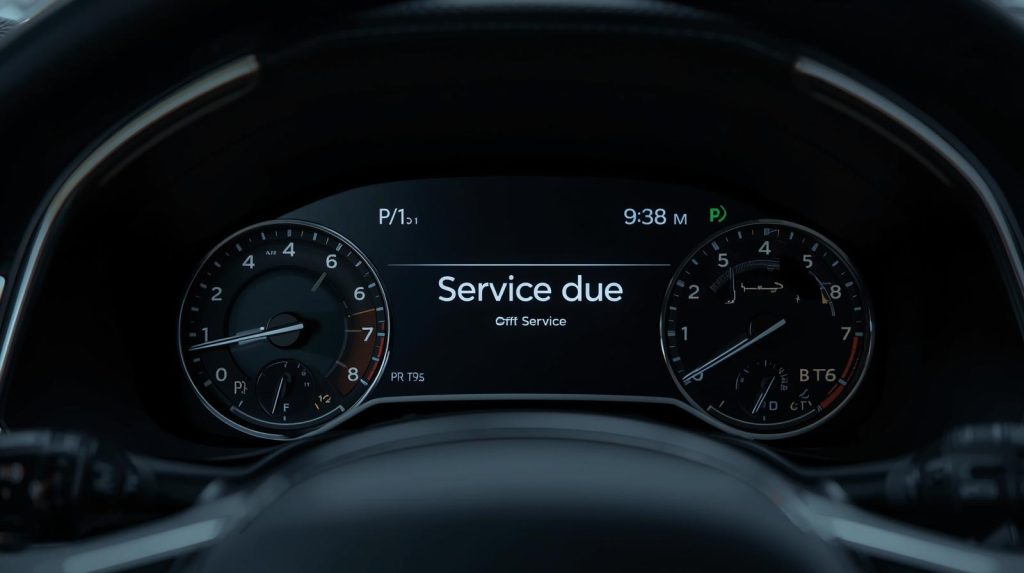 Painel de carro com a mensagem 'service due' destacada, alertando para a necessidade de manutenção.