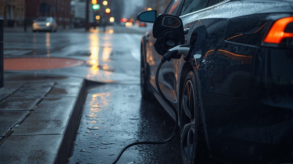 Carregar o carro elétrico à chuva com carregador seguro