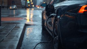 Carregar o carro elétrico à chuva com carregador seguro