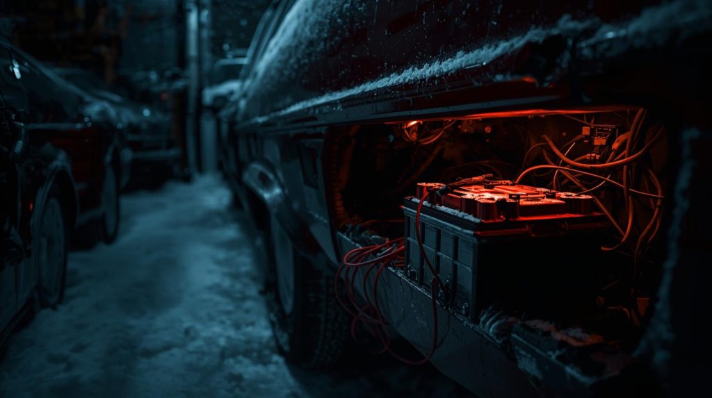 Bateria auxiliar de veículo em ambiente de inverno, mostrando cuidados necessários.