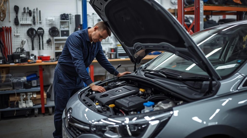 Mecânico inspecionando motor 1.0 turbo em oficina, representando manutenção de veículos.